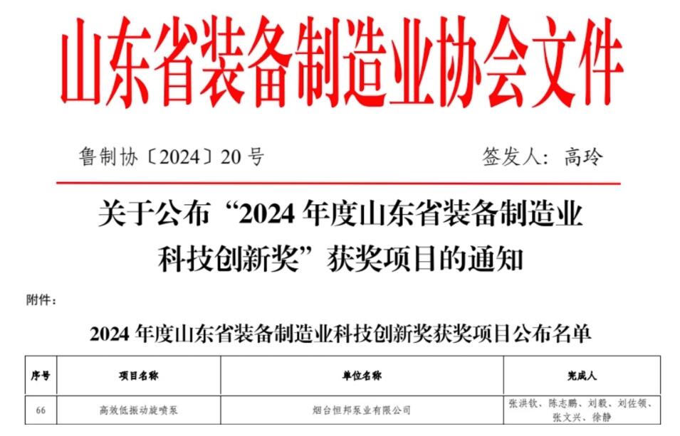 恒邦泵業(yè)旋噴泵產(chǎn)品榮獲山東省裝備制造業(yè)科技創(chuàng)新二等獎(jiǎng) 恒邦泵業(yè)旋噴泵產(chǎn)品榮獲山東省裝備制造業(yè)科技創(chuàng)新二等獎(jiǎng)